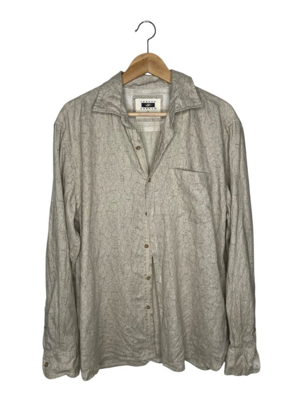 100% Linen Button Down Shirt Size L Leaf Print Neutral